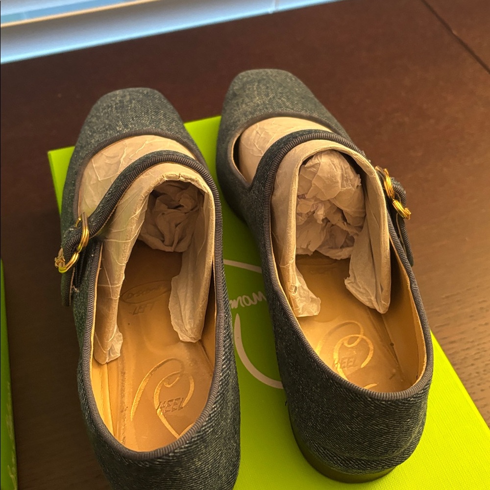 Sam Edelman Blue Denim Loafers with Gold Accent - Picture 2 of 6